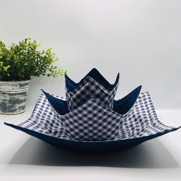 3 Piece Set of Microwave Cozies, Reversible Navy Blue Gingham, Plate, Bowl, Pint - Picture 9 of 10